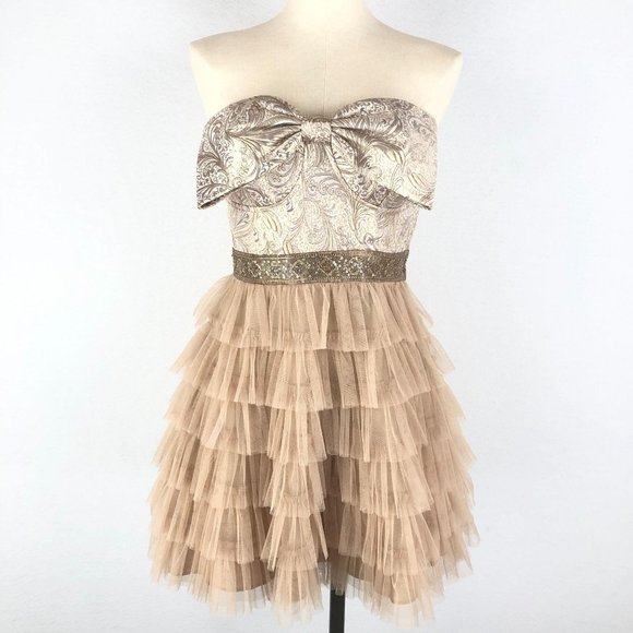 Deb Tan Gold Strapless Bow Front Mini Dress Sz 7 - Picture 1 of 10